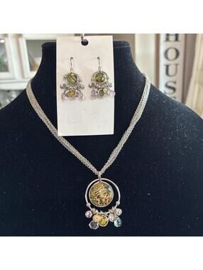 Lia Sophia Silver Tone Multi Strand Drop Down Abalone Necklace And Earrings Set